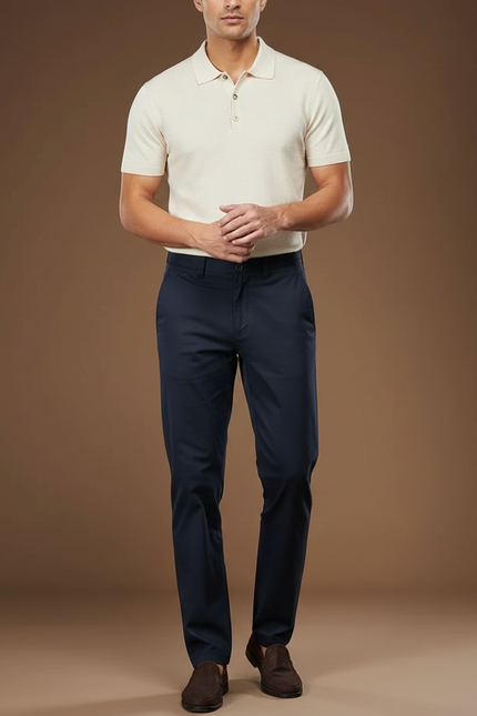 Pantalon Chino Homme Bleu Marine Coton Droit Décontracté