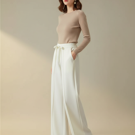 Pantalon Chino Blanc Ample Fluide Taille Haute Élégant - Viscose