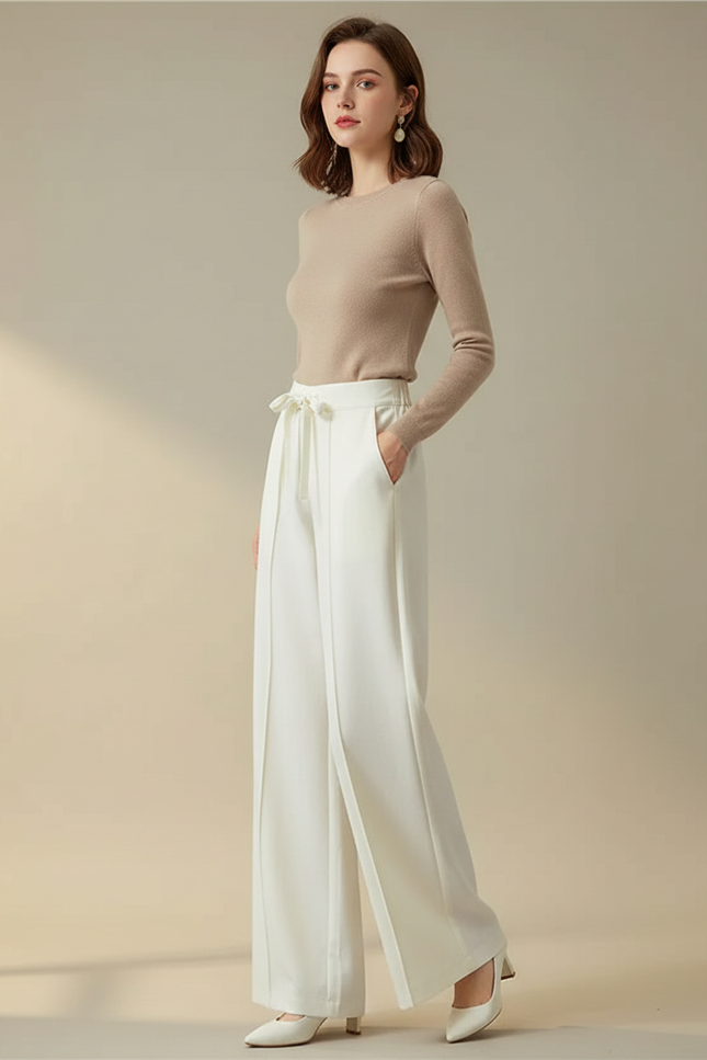 Pantalon Chino Blanc Ample Fluide Taille Haute Élégant - Viscose