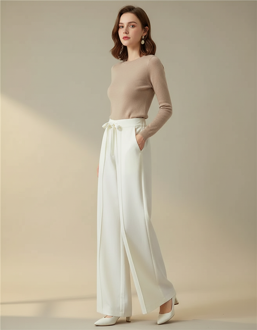 Pantalon Chino Blanc Ample Fluide Taille Haute Élégant - Viscose