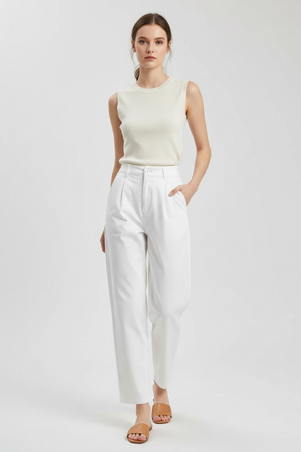 Pantalon Chino Blanc Ample Taille Haute Femme - Gabardine