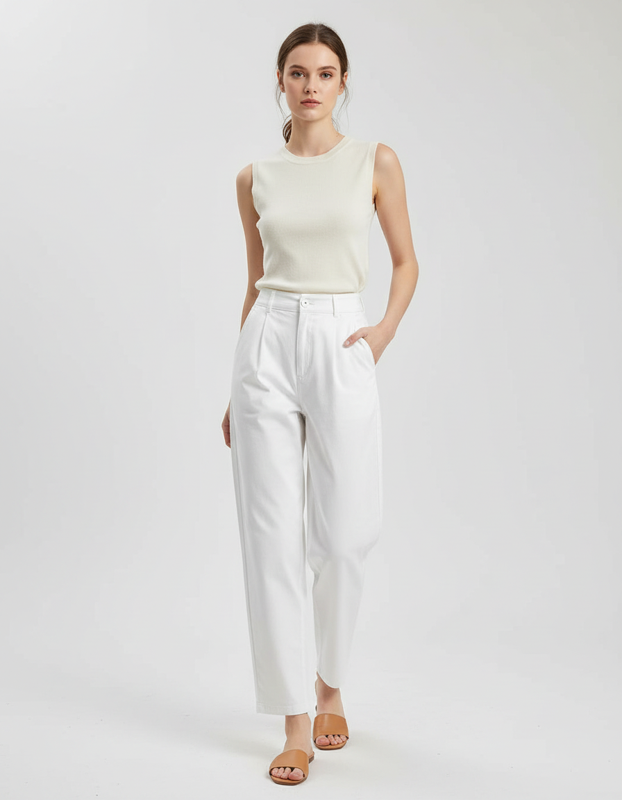 Pantalon Chino Blanc Ample Taille Haute Femme - Gabardine