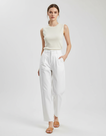 Pantalon Chino Blanc Ample Taille Haute Femme - Gabardine