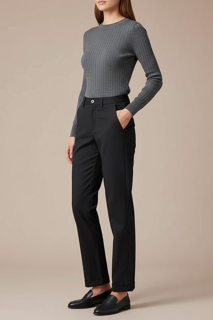 Pantalon Chino Femme Noir Droit - Gabardine