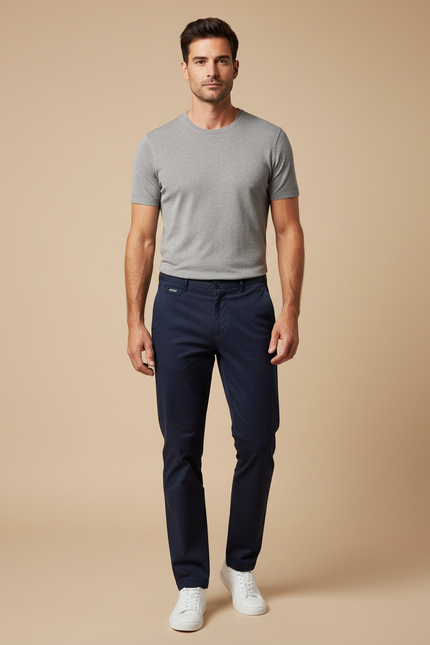 Pantalon Chino Bleu Marine Coton Droit Décontracté Homme