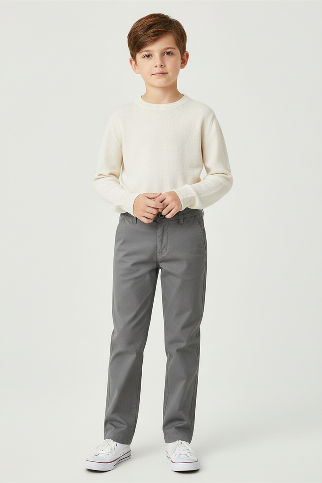 Pantalon Chino Garçon Gris Droit Coton - Gabardine