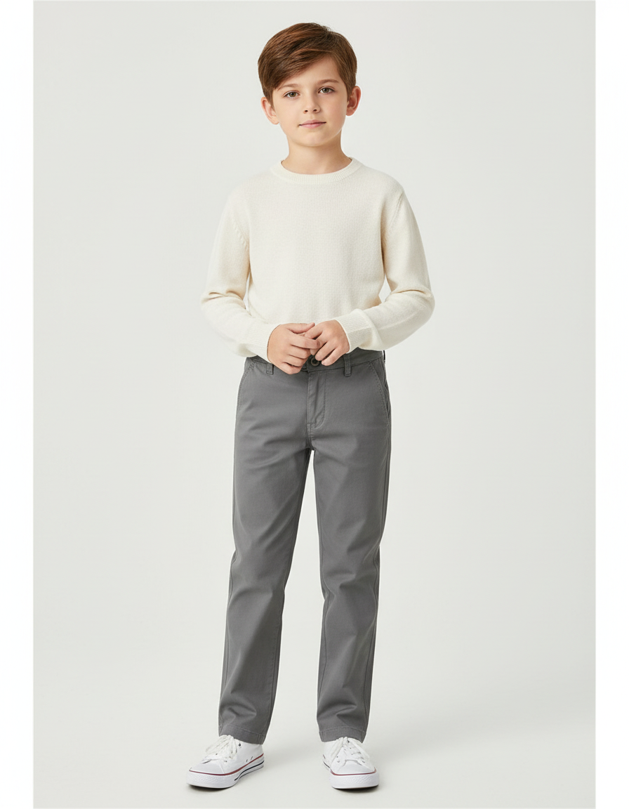 Pantalon Chino Garçon Gris Droit Coton - Gabardine