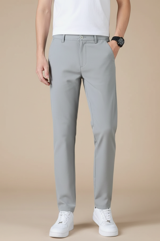Pantalon Chino Homme Gris Uni Slim Élastique Décontracté - Polyester