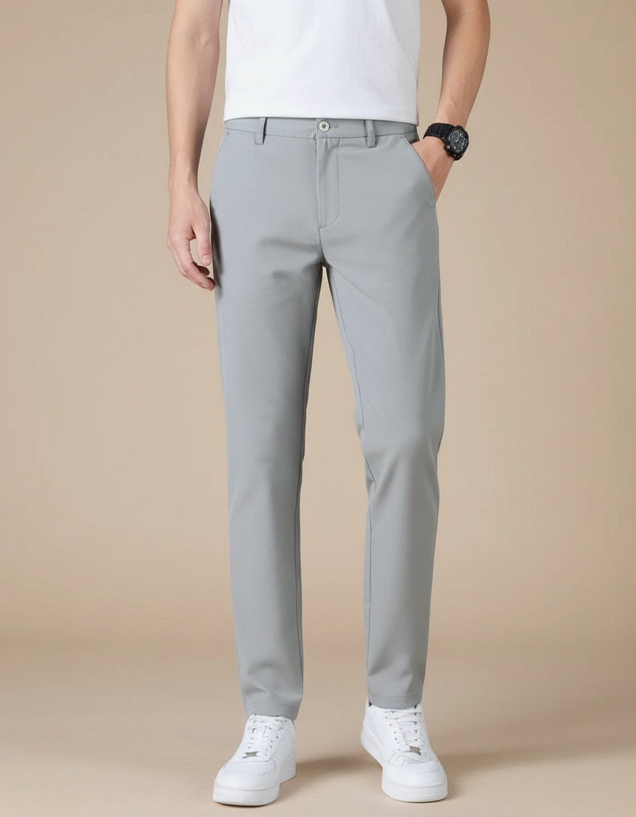 Pantalon Chino Homme Gris Uni Slim Élastique Décontracté - Polyester