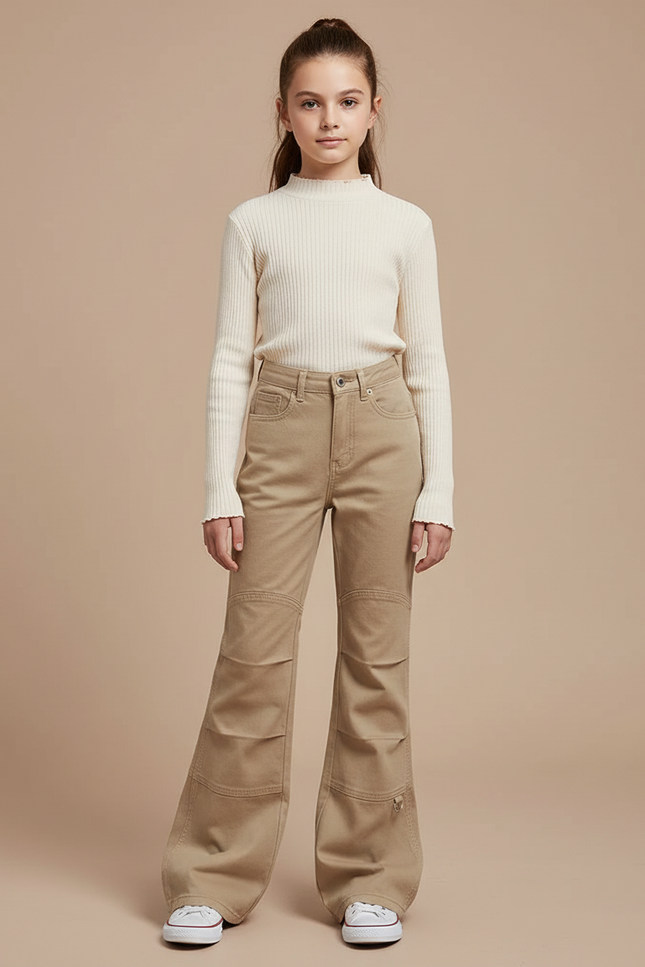 Pantalon Chino Kaki Évasé Ample Taille Haute Fille - Gabardine