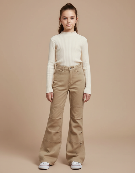 Pantalon Chino Kaki Évasé Ample Taille Haute Fille - Gabardine