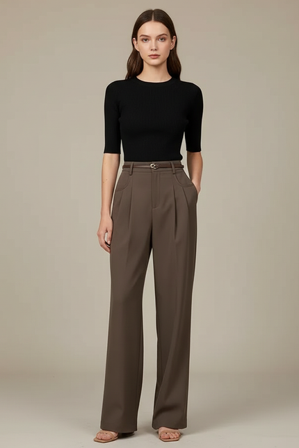 Pantalon Chino Marron Plissé Ample Taille Haute - Gabardine