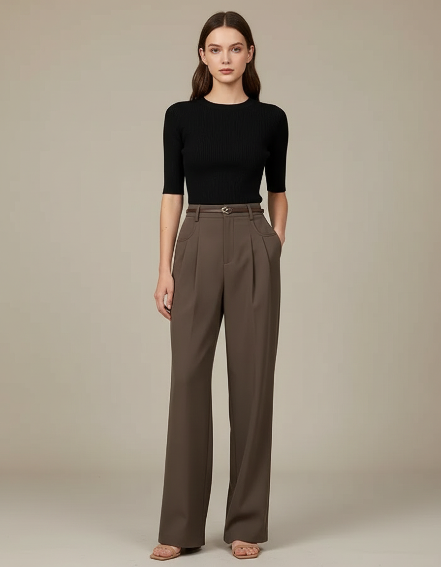 Pantalon Chino Marron Plissé Ample Taille Haute - Gabardine