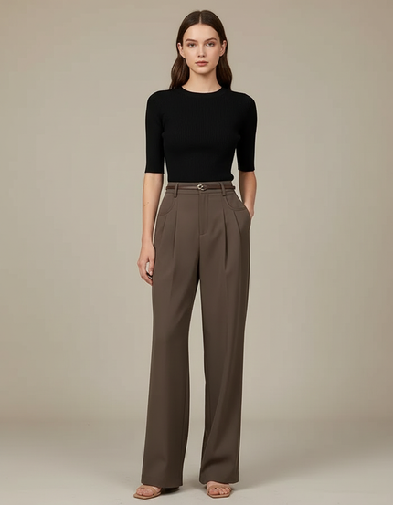 Pantalon Chino Marron Plissé Ample Taille Haute - Gabardine