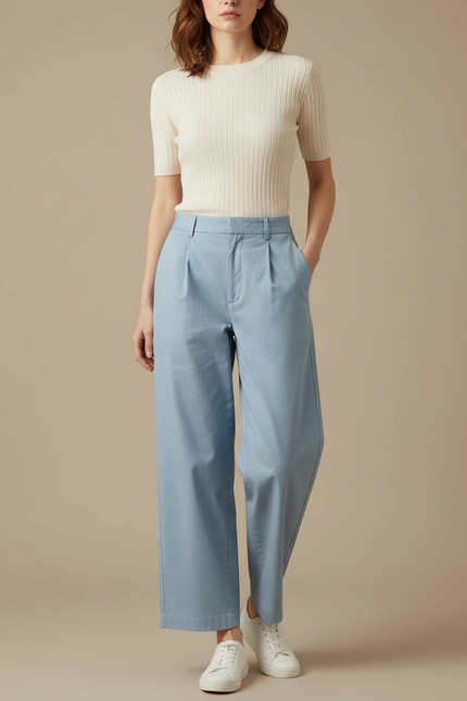 Pantalon Chino Bleu Ciel Ample Fluide Décontracté Femme - Coton