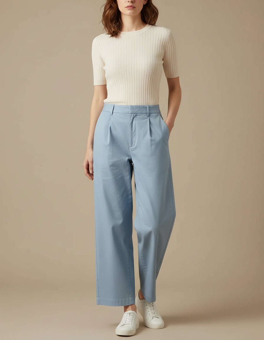 Pantalon Chino Bleu Ciel Ample Fluide Décontracté Femme - Coton