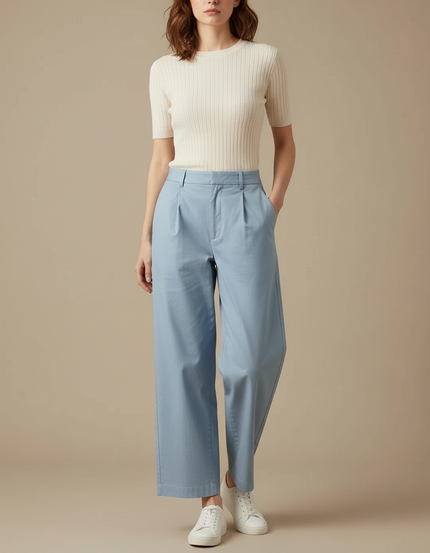 Pantalon Chino Bleu Ciel Ample Fluide Décontracté Femme - Coton