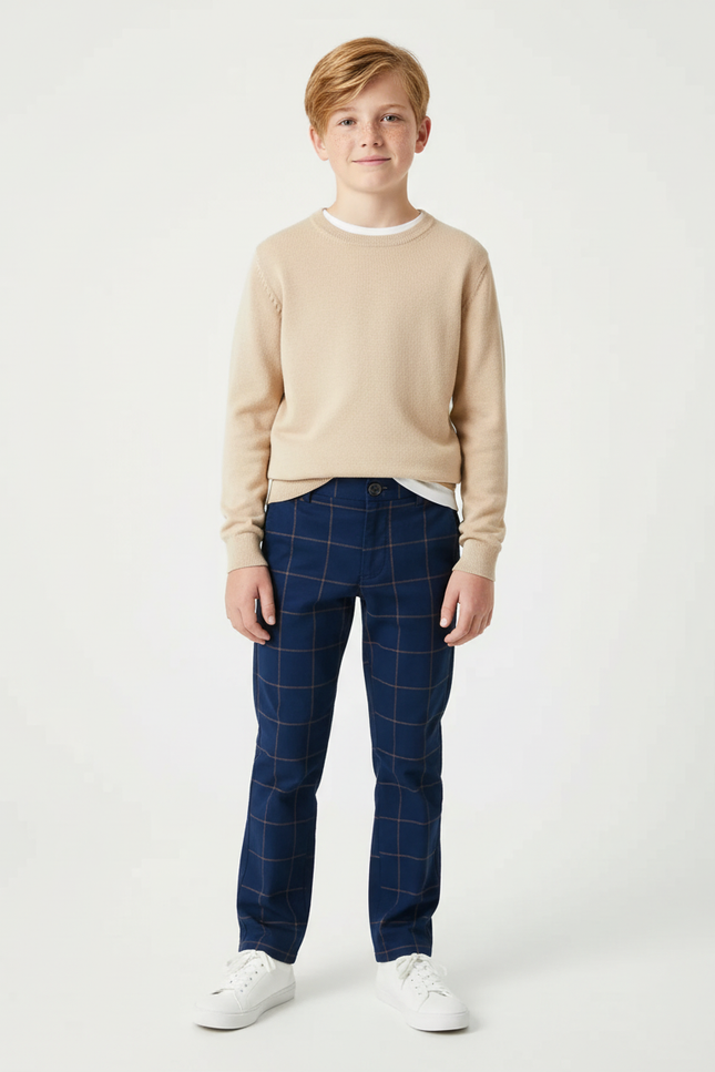 Pantalon Chino Bleu Marine Carreaux Marron Slim Garçon - Gabardine