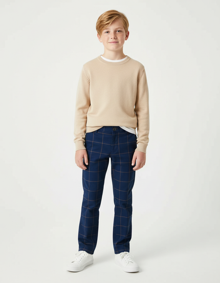 Pantalon Chino Bleu Marine Carreaux Marron Slim Garçon - Gabardine