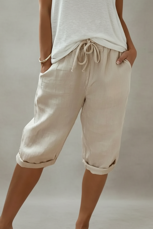 Pantalon Chino Beige Coton Lin Ample Cordon
