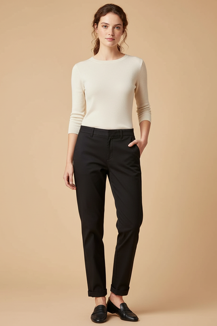 Pantalon Chino Noir Coton Décontracté Femme Coupe Droite