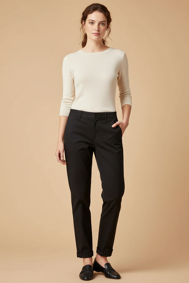Pantalon Chino Noir Coton Décontracté Femme Coupe Droite