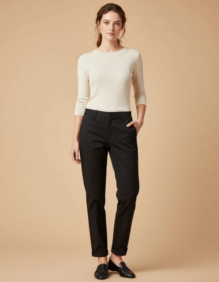 Pantalon Chino Noir Coton Décontracté Femme Coupe Droite