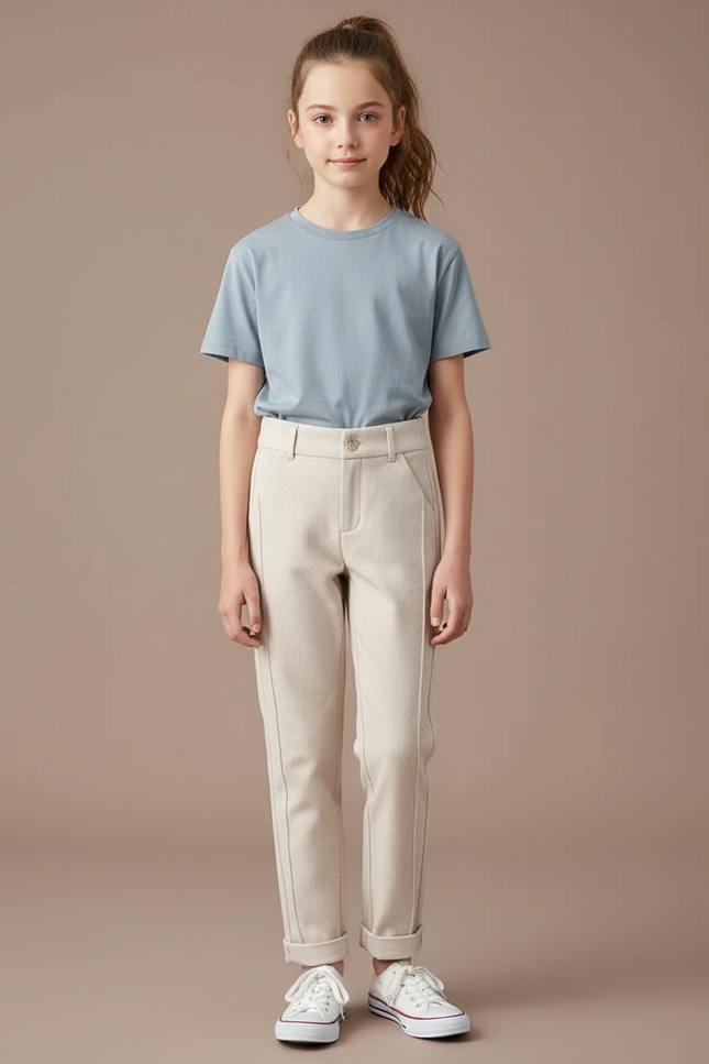 Pantalon Chino Crème Droit Doux Décontracté Fille - Beige Molleton