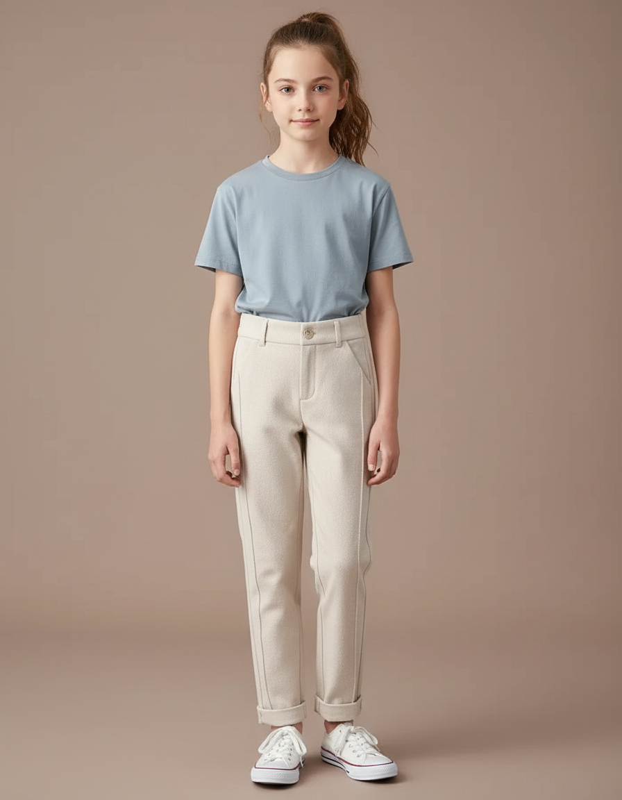 Pantalon Chino Crème Droit Doux Décontracté Fille - Beige Molleton