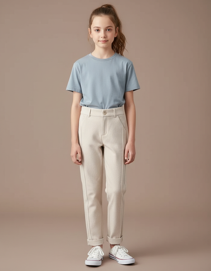 Pantalon Chino Crème Droit Doux Décontracté Fille - Beige Molleton