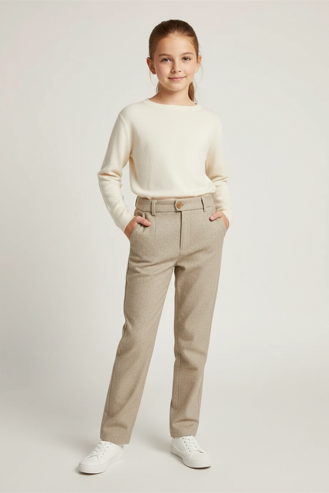 Pantalon Chino Beige Coupe Droite Élégant Fille - Tweed