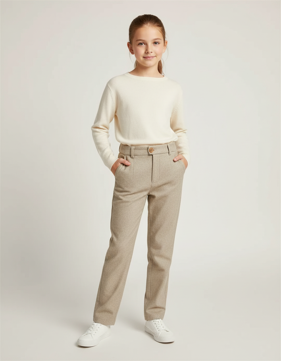 Pantalon Chino Beige Coupe Droite Élégant Fille - Tweed