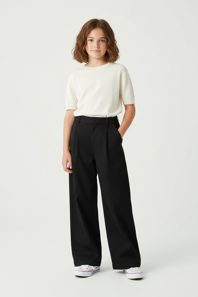 Pantalon Chino Noir Ample Plissé Décontracté Enfant - Polyester