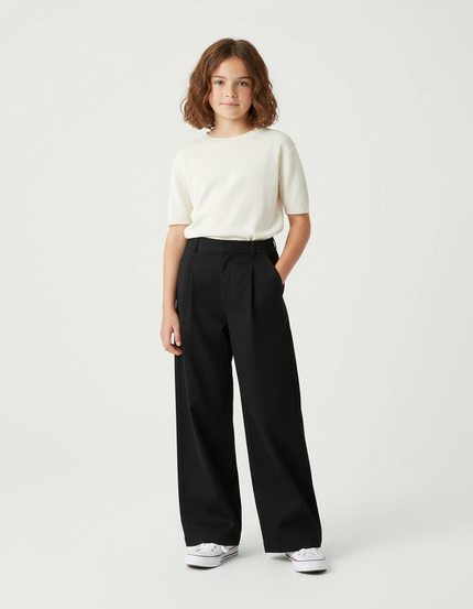 Pantalon Chino Noir Ample Plissé Décontracté Enfant - Polyester