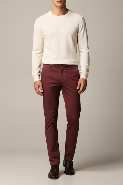 Pantalon Chino Bordeaux Coton Droit Élégant Homme