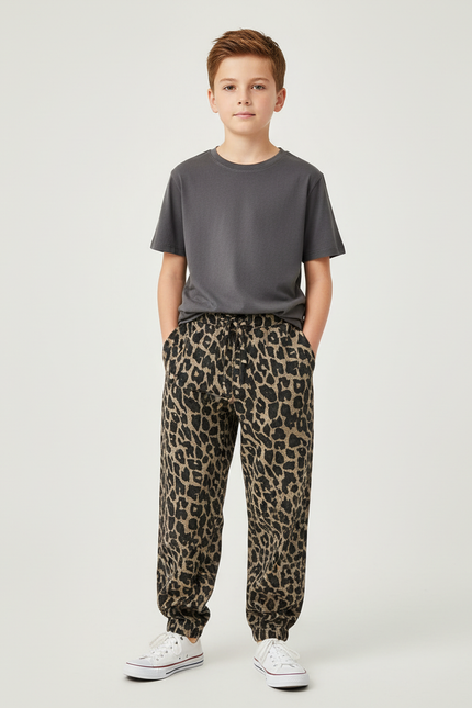 Pantalon Chino Léopard Coton Ample Garçon - Imprimé Molleton