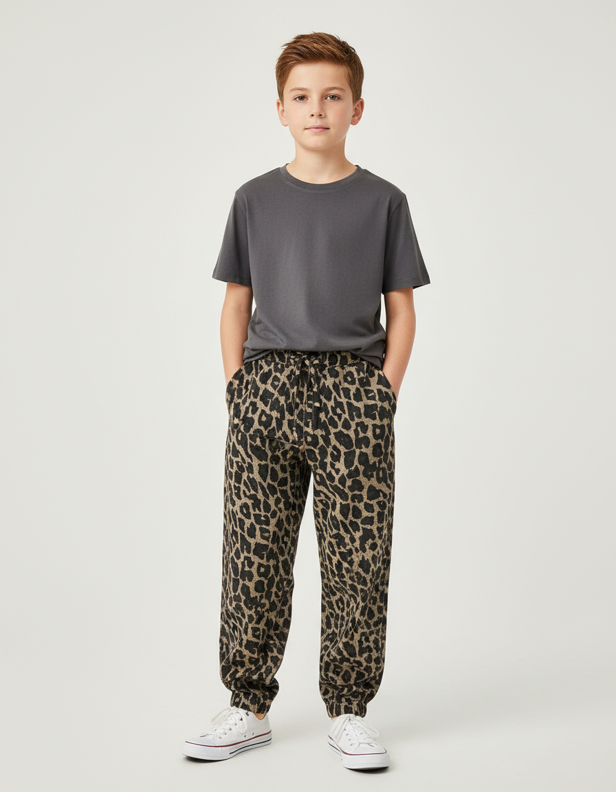 Pantalon Chino Léopard Coton Ample Garçon - Imprimé Molleton
