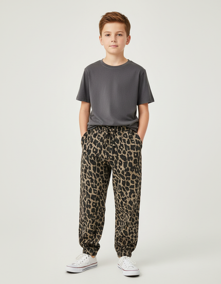 Pantalon Chino Léopard Coton Ample Garçon - Imprimé Molleton