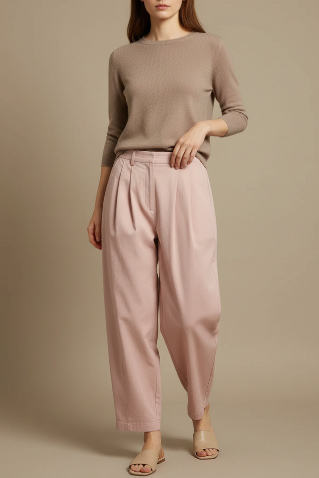 Pantalon Chino Rose Ample Taille Haute Décontracté - Gabardine