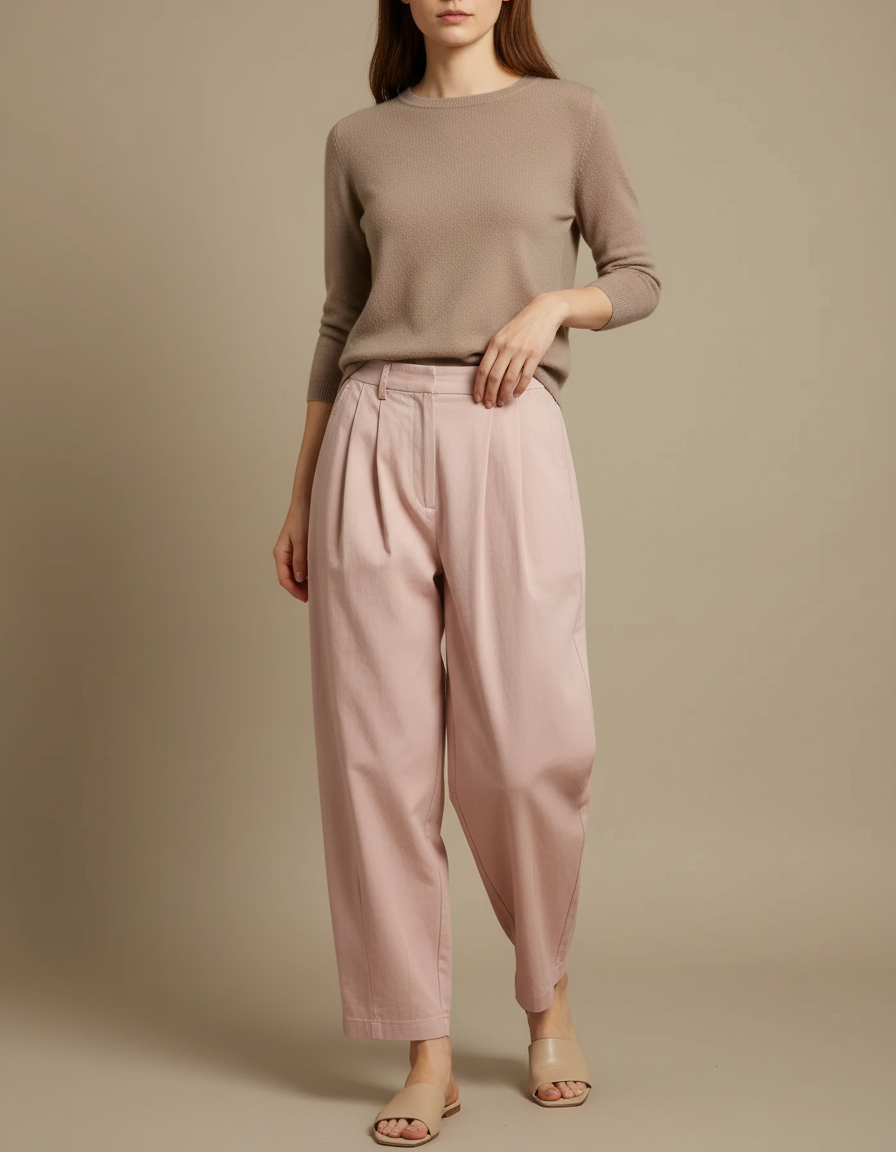 Pantalon Chino Rose Ample Taille Haute Décontracté - Gabardine