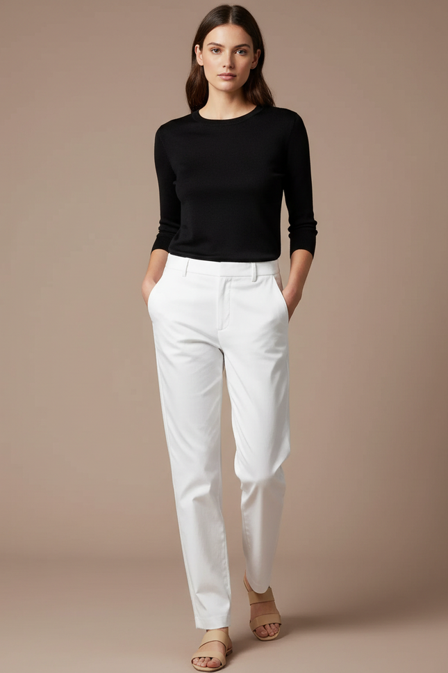 Pantalon Chino Blanc Coupe Droite Casual Femme - Coton
