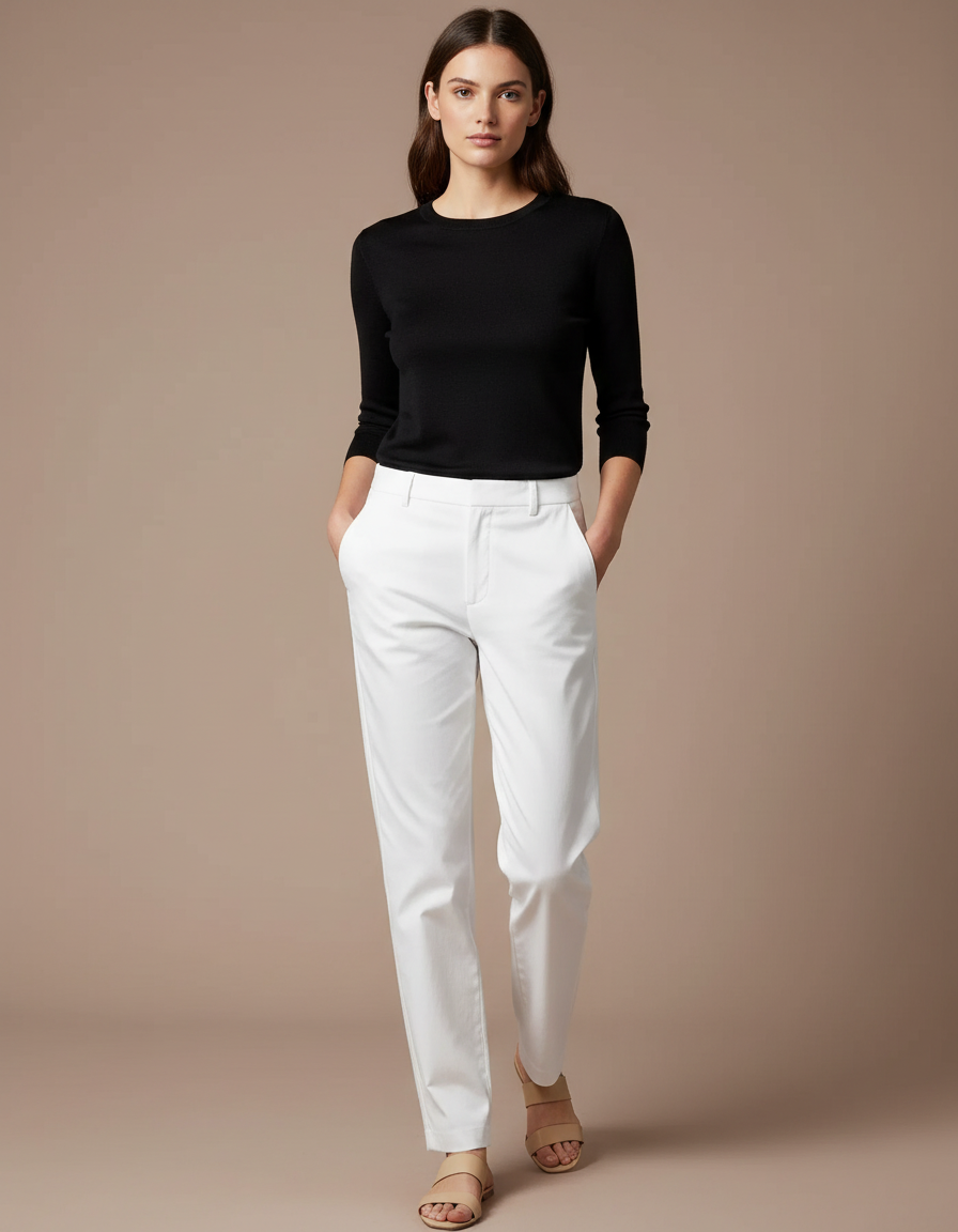 Pantalon Chino Blanc Coupe Droite Casual Femme - Coton