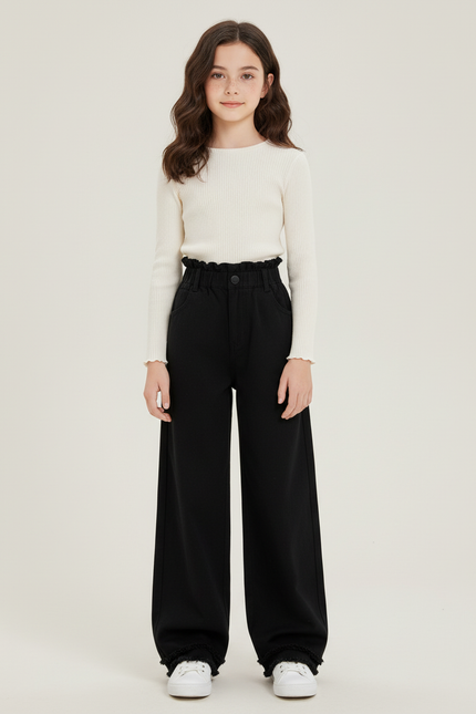 Pantalon Chino Noir Ample Taille Haute Fille - Jean