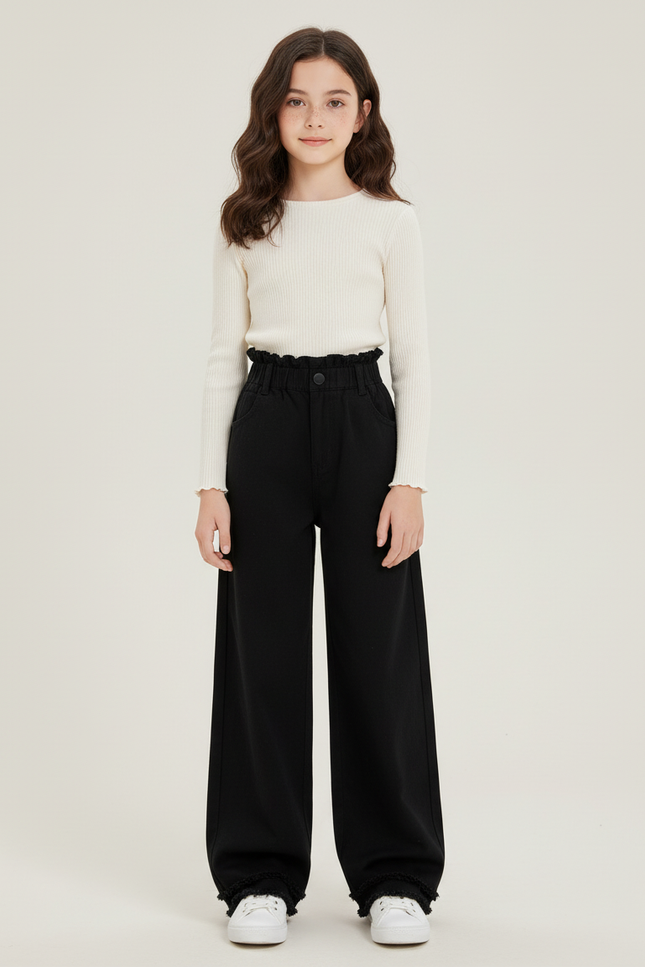 Pantalon Chino Noir Ample Taille Haute Fille - Jean