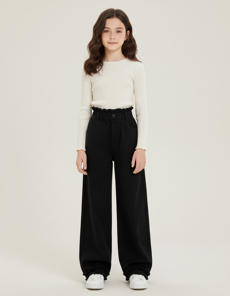 Pantalon Chino Noir Ample Taille Haute Fille - Jean