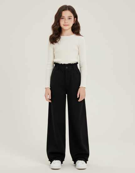 Pantalon Chino Noir Ample Taille Haute Fille - Jean