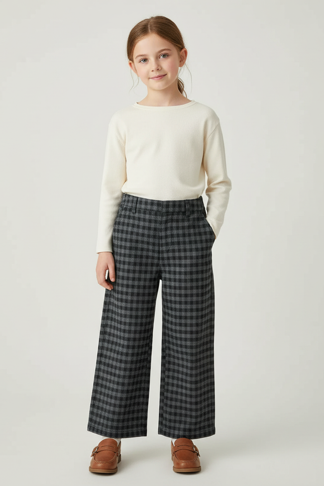 Pantalon Chino Carreaux Gris Ample Fille Hiver - Laine