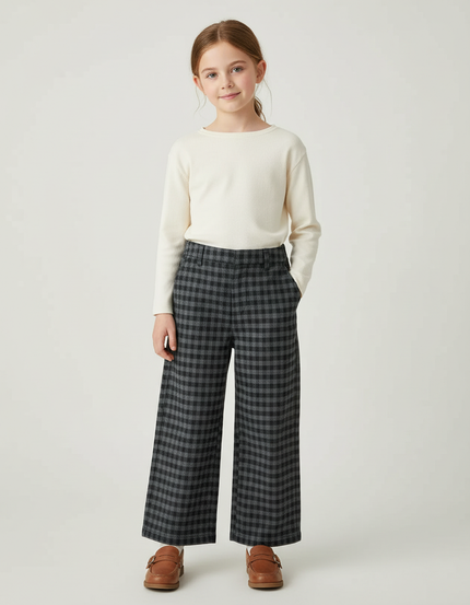 Pantalon Chino Carreaux Gris Ample Fille Hiver - Laine