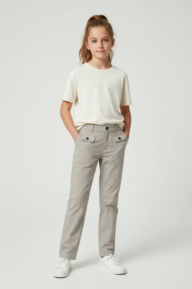 Pantalon Chino Gris Coton Droit Décontracté Fille - Gabardine