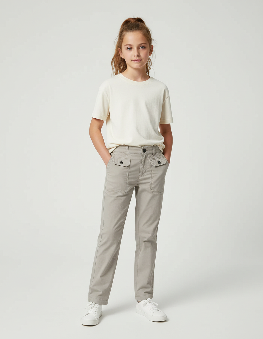 Pantalon Chino Gris Coton Droit Décontracté Fille - Gabardine